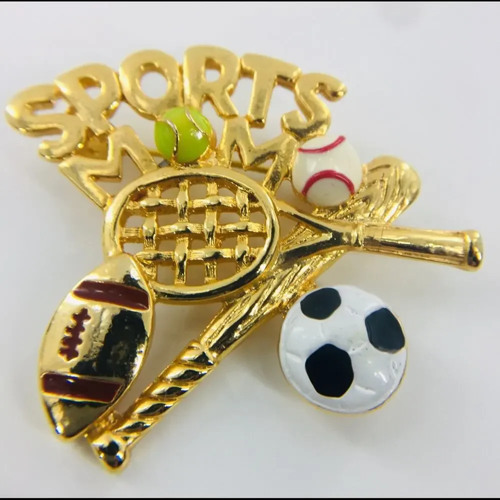 Vintage Ren Sports Mom Brooch Gold Tone Tennis Baseball Football Pin